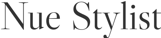 Text logo: Nue Stylist on black background.