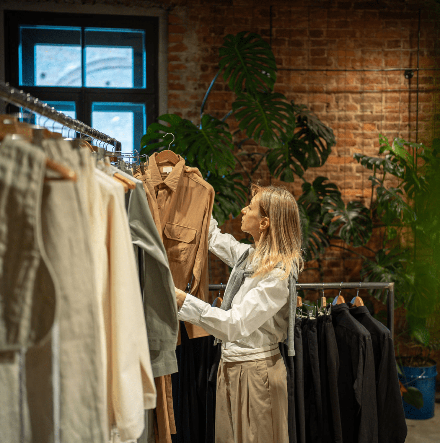 Woman browsing clothes in a boutique store.