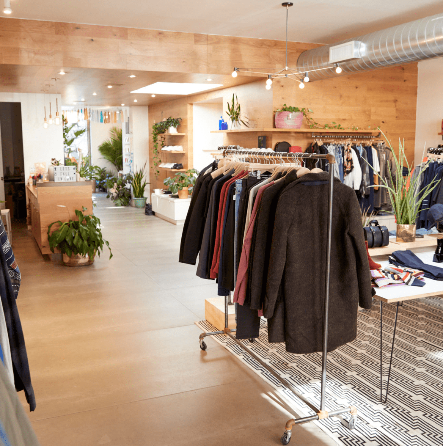 Clothing store interior with racks and plants.